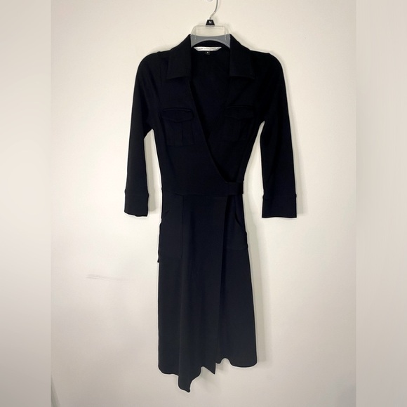 Diane Von Furstenberg Wool V Neck Wrap Black Midi Dress Size 4 Classic Office - Picture 1 of 12